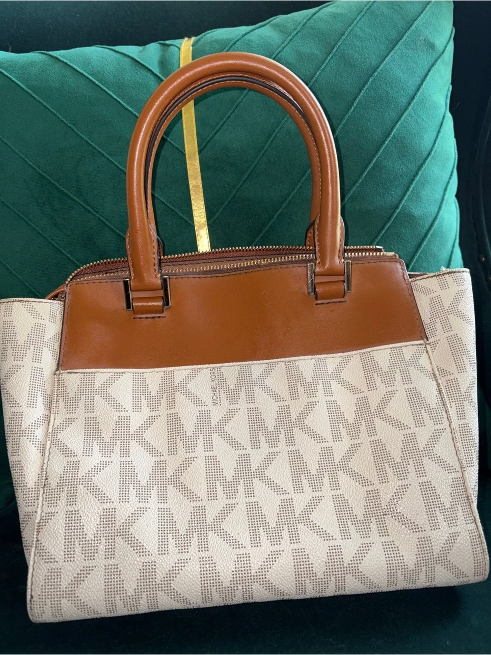 Michael Kors Hudson Satchel & Crossbody in Cream Logo with Brown Leather Trim